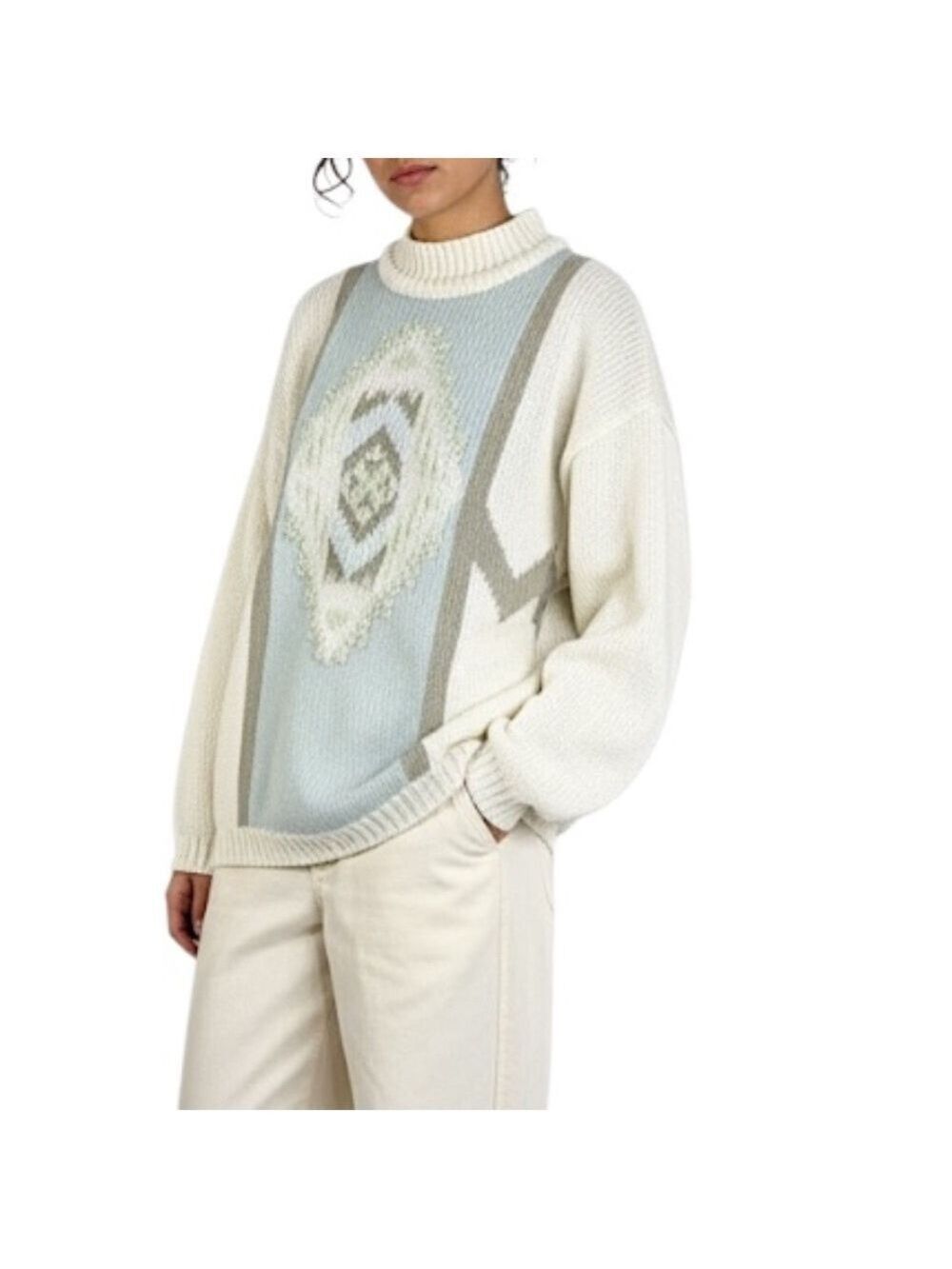 VTG 80s 90s oversized boxy cream geometric argyle chevron mock neck sweater L